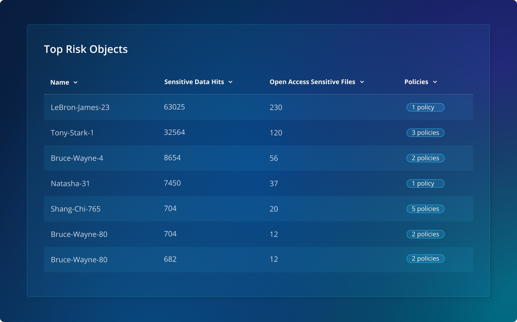 The original Top Risk Objects table widget
